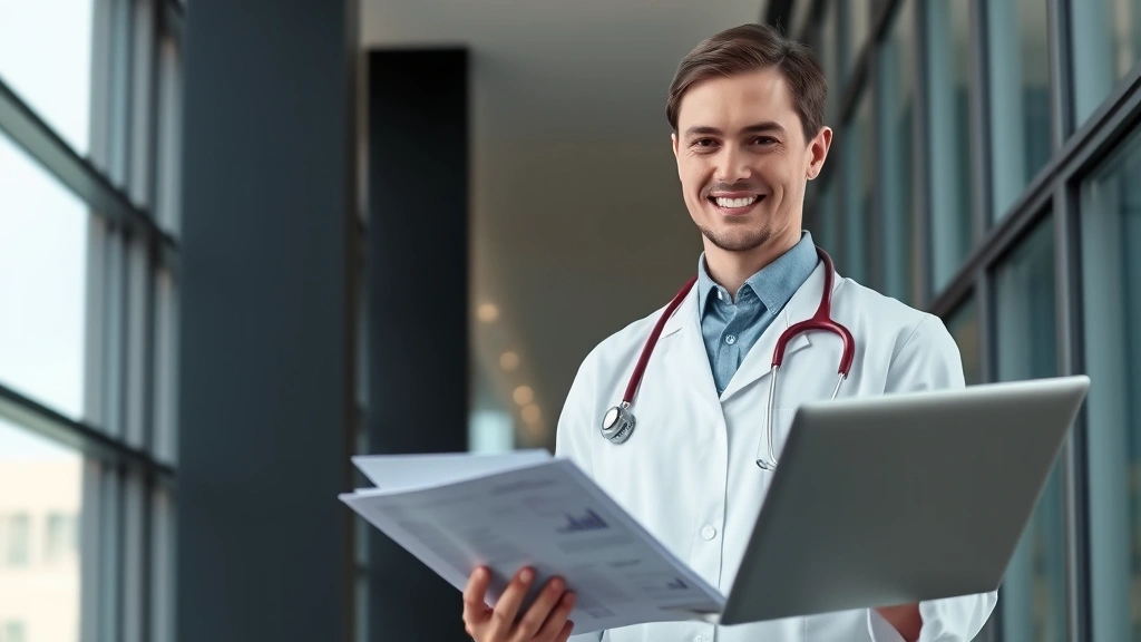 Professional healthcare worker in modern office building, looking at financial documents and laptop with confident expression, natural daylight through windows, contemporary workspace setting, photorealistic professional environment