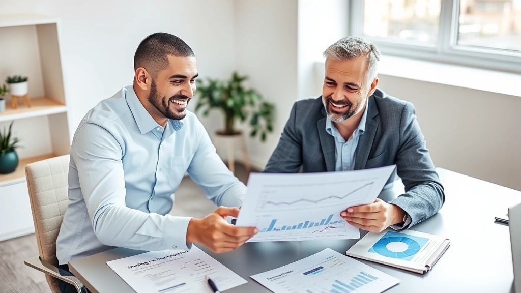 Professional financial advisor reviewing investment portfolio with confident client in modern office, charts and financial documents visible on desk, natural window lighting