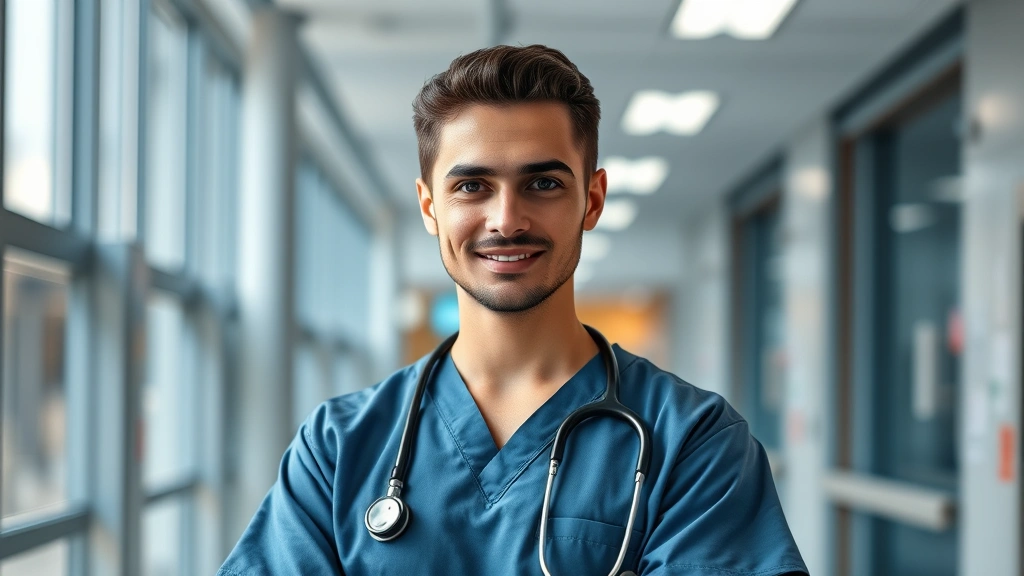 Professional healthcare worker in modern hospital setting wearing scrubs and stethoscope, confident expression, natural lighting, modern medical facility interior background, photorealistic