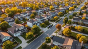 Aerial view of suburban residential neighborhood with modern homes, manicured lawns, tree-lined streets, and parked vehicles, golden hour lighting, photorealistic, no text overlay