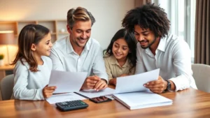 Professional family of four reviewing financial documents and investment portfolio together at modern home office desk, warm lighting, genuine smiles, organized papers and calculator visible