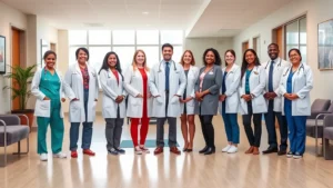 A diverse group of healthcare professionals in white coats and scrubs standing confidently in a modern community health center reception area with welcoming lighting and comfortable seating, representing career opportunity and professional growth