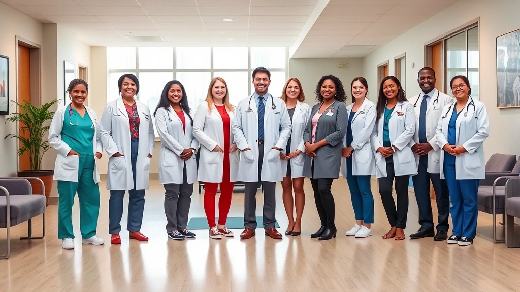 A diverse group of healthcare professionals in white coats and scrubs standing confidently in a modern community health center reception area with welcoming lighting and comfortable seating, representing career opportunity and professional growth