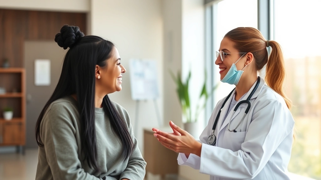 Professional healthcare worker consulting with diverse patient in modern clinic setting, natural lighting, emphasizing trust and preventative care accessibility