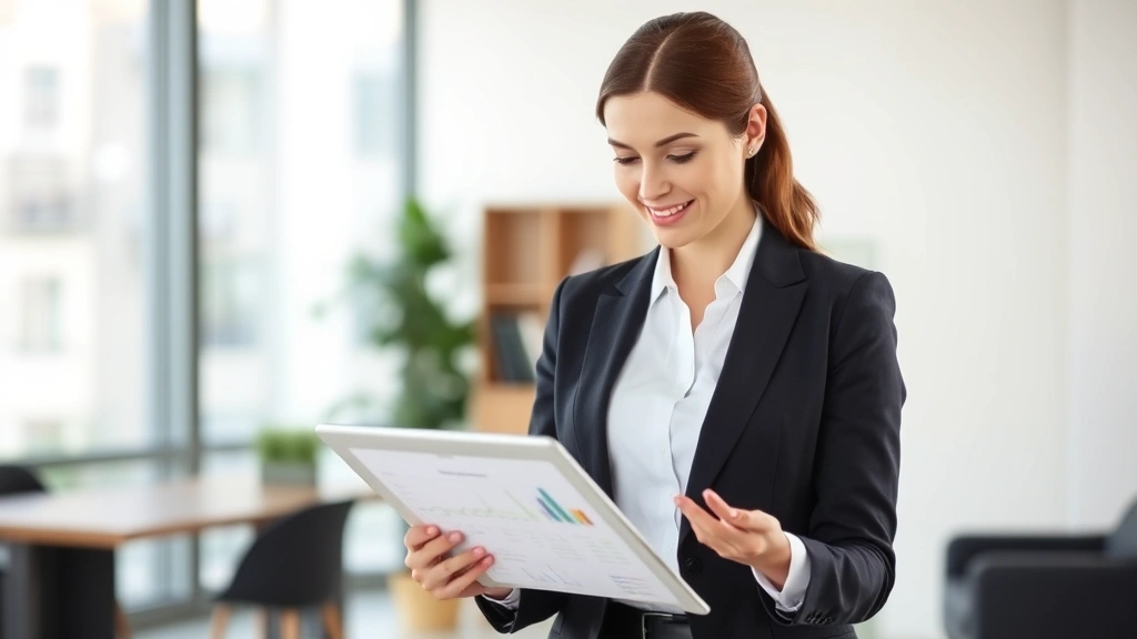 Professional woman in business attire reviewing financial documents and investment portfolio on tablet in modern office setting, confident expression, natural lighting
