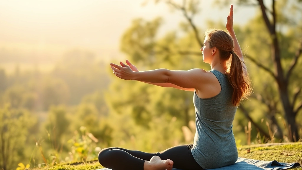 Woman in wellness setting practicing yoga or meditation outdoors in natural scenery, representing balance between health and financial well-being, peaceful atmosphere