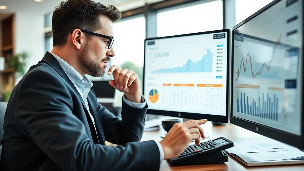 Professional investor analyzing financial charts and data on computer screen, modern office setting with financial documents and calculator visible, natural lighting, serious focused expression, high-quality business photography