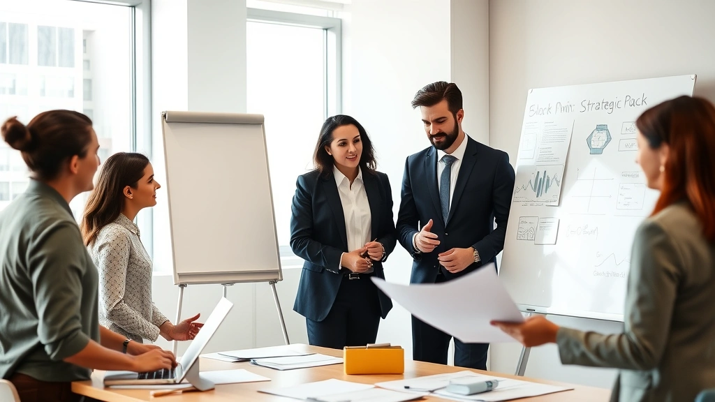 Diverse team of business professionals collaborating in modern conference room, reviewing strategic plans on whiteboard and documents, collaborative working environment, natural daylight from windows, professional attire, engaged discussion atmosphere
