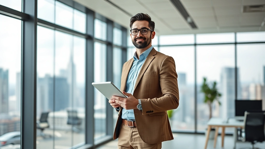 Successful entrepreneur standing confidently in modern office with city skyline visible through floor-to-ceiling windows, holding tablet device, professional business casual attire, forward-looking posture, contemporary workspace background