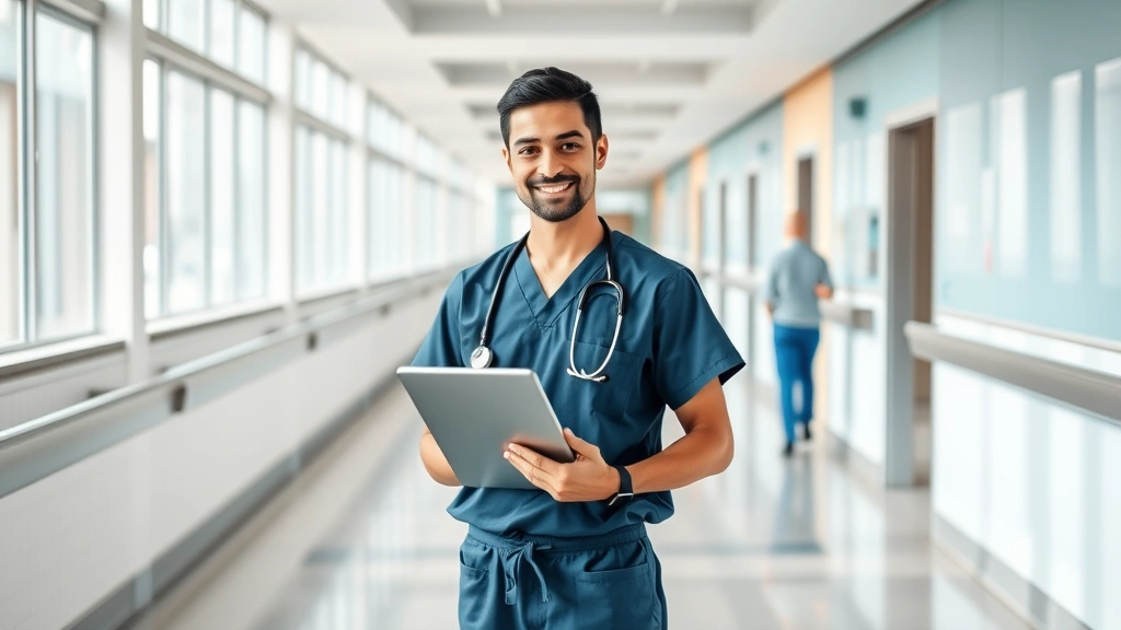 Professional healthcare worker in modern hospital corridor wearing scrubs and holding tablet, confident expression, natural daylight from windows, diverse medical environment with contemporary architecture