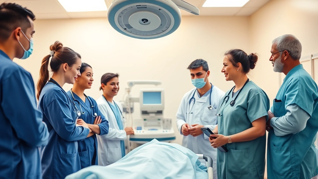 Diverse group of healthcare professionals in clinical setting collaborating on patient care, modern medical equipment visible, team-focused atmosphere, warm professional lighting, inclusive workplace representation