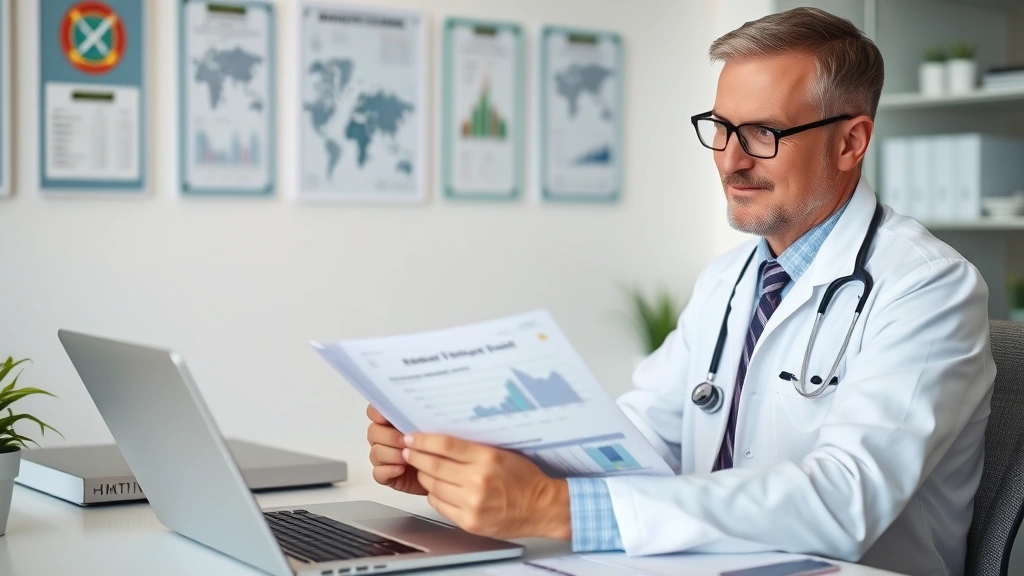 Healthcare professional reviewing financial documents and retirement planning materials at desk with laptop, organized workspace with healthcare credentials on wall, confident focused expression, modern office environment