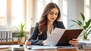 Professional woman in business attire sitting calmly at desk reviewing financial documents with peaceful expression, natural sunlight, organized workspace with plant, representing financial confidence and mental clarity