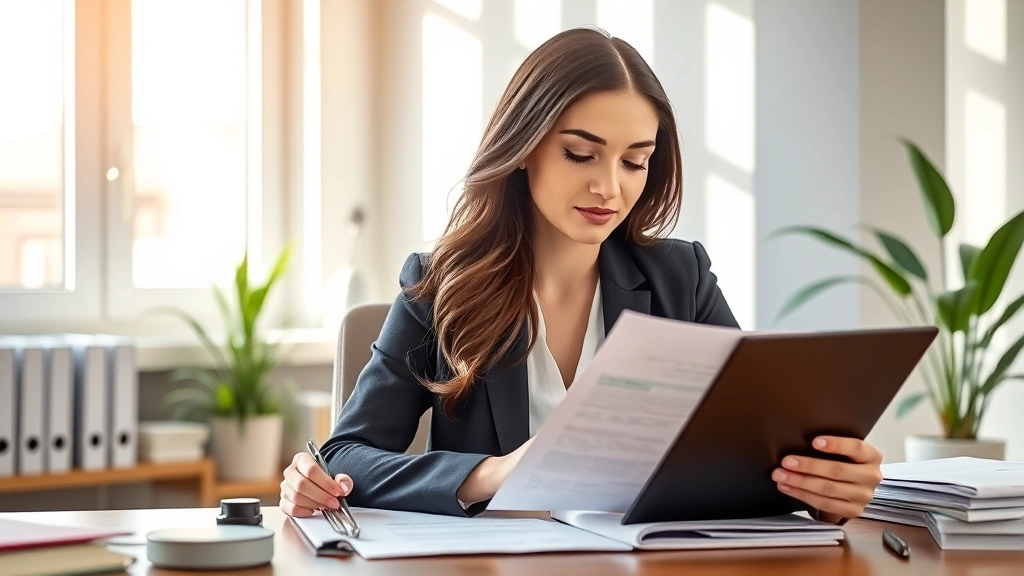 Professional woman in business attire sitting calmly at desk reviewing financial documents with peaceful expression, natural sunlight, organized workspace with plant, representing financial confidence and mental clarity