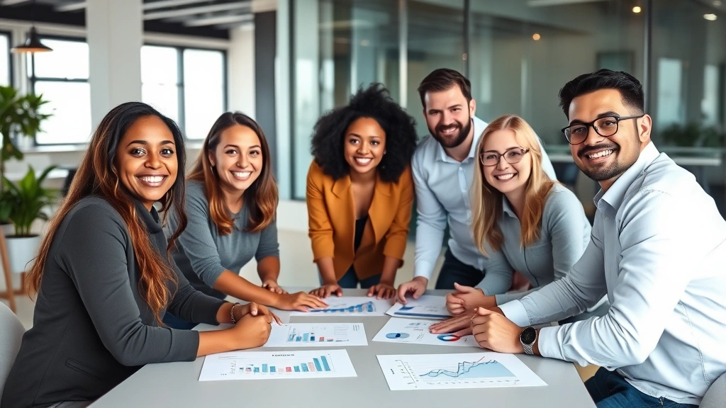 Diverse group of people in modern office setting having positive discussion around table with financial charts and documents, collaborative atmosphere, genuine smiles, representing financial planning support and wellness integration