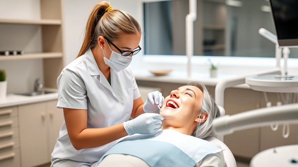 Professional dental hygienist performing a cleaning on a patient in a modern, clean dental office with soft lighting, patient in dental chair, showing compassionate care and professional environment