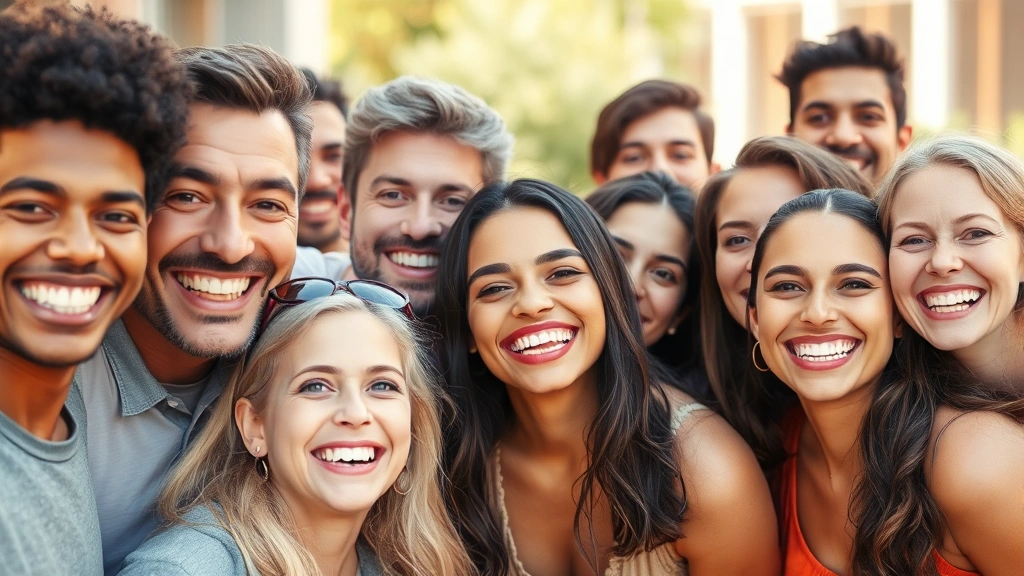 Diverse group of people of various ages smiling confidently, displaying healthy teeth and genuine happiness, outdoor natural lighting, warm and welcoming atmosphere
