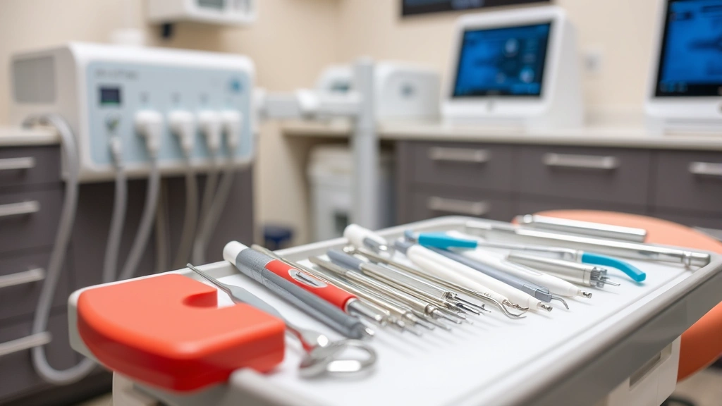 Close-up of dental tools and equipment on a tray in a clinical setting, showing modern dental instruments, sterilization equipment, and professional dental workspace organization