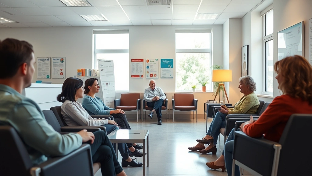 Professional family health clinic waiting room with diverse patients, warm lighting, modern comfortable seating, health information posters on walls, welcoming reception desk, natural daylight from windows