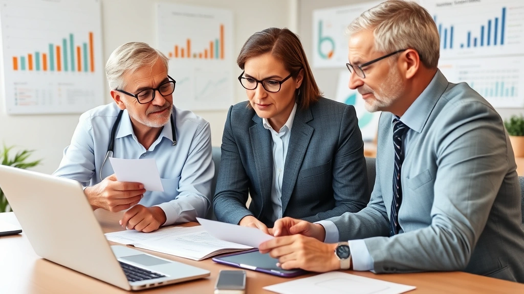 Financial advisor or healthcare professional consulting with middle-aged couple reviewing documents at desk, laptop visible, charts and graphs on wall, professional office setting, collaborative discussion
