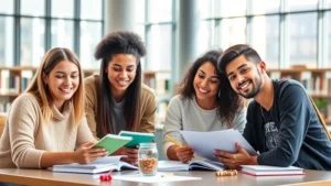 Young diverse college students studying together in a bright university library, notebooks and healthy snacks on table, natural sunlight streaming through windows, focused and relaxed expressions