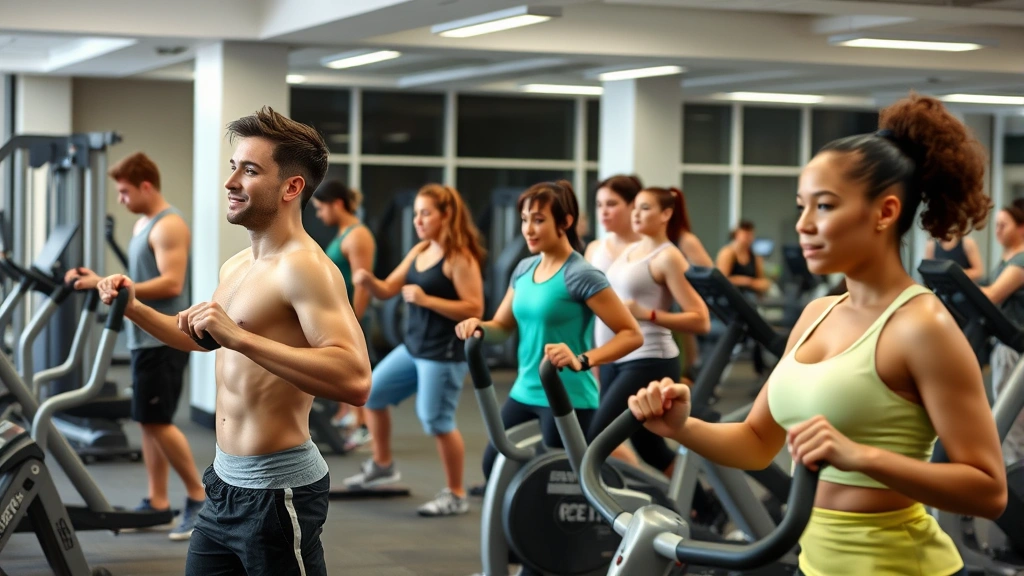 Fit young adults exercising in a modern university recreation center, using weight equipment and cardio machines, diverse group showing different fitness activities, energetic and motivated atmosphere