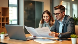 Professional financial advisor meeting with young couple reviewing healthcare insurance documents and benefits paperwork at modern office desk with laptop, warm lighting, focused expressions