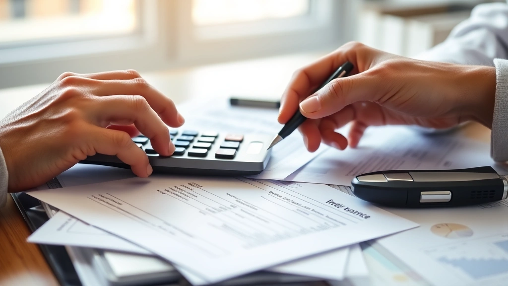 Close-up of hands organizing medical bills and insurance statements with calculator and pen, organized filing system visible, natural daylight from window, professional setting