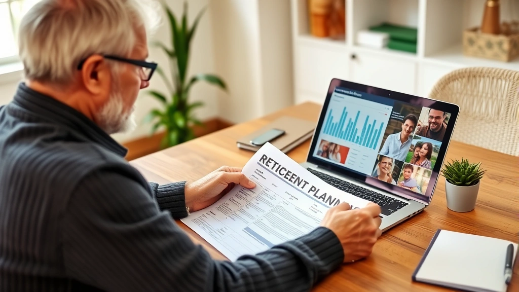 Person reviewing retirement and healthcare planning documents with family photos on desk, laptop showing financial dashboard, comfortable home office environment, thoughtful expression