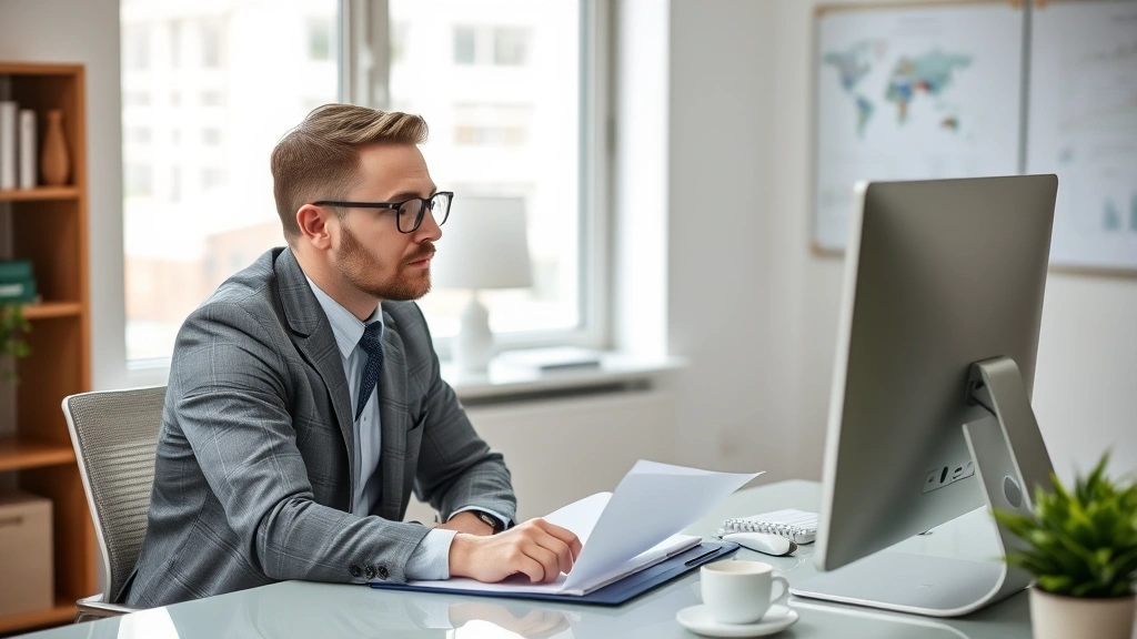 Professional financial advisor meeting with client at desk, reviewing investment portfolio on computer, modern office setting, natural lighting, focused discussion