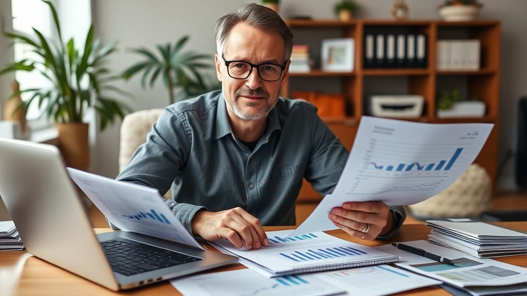 Person reviewing financial documents and investment statements at home office desk with calculator and laptop, organized workspace, confident expression