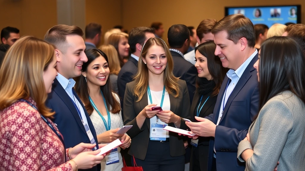 Diverse group of professionals in business casual attire networking at financial conference, exchanging business cards, collaborative wealth-building environment