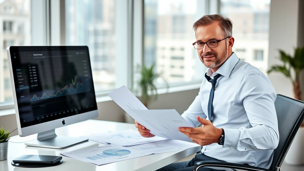 Professional investor reviewing property documents and market analysis on modern desk with computer and financial charts, natural lighting from large windows, confident expression, wearing business casual attire