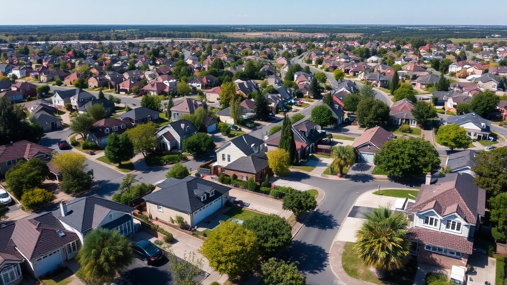 Aerial view of suburban residential neighborhood with diverse homes, well-maintained properties, tree-lined streets, clear sunny day, showing property diversity and market appeal