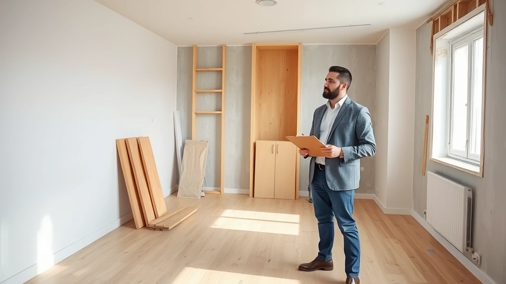 Real estate investor standing in empty apartment unit during renovation, holding clipboard, assessing property improvements, bright natural light, professional appearance, inspecting interior finishes