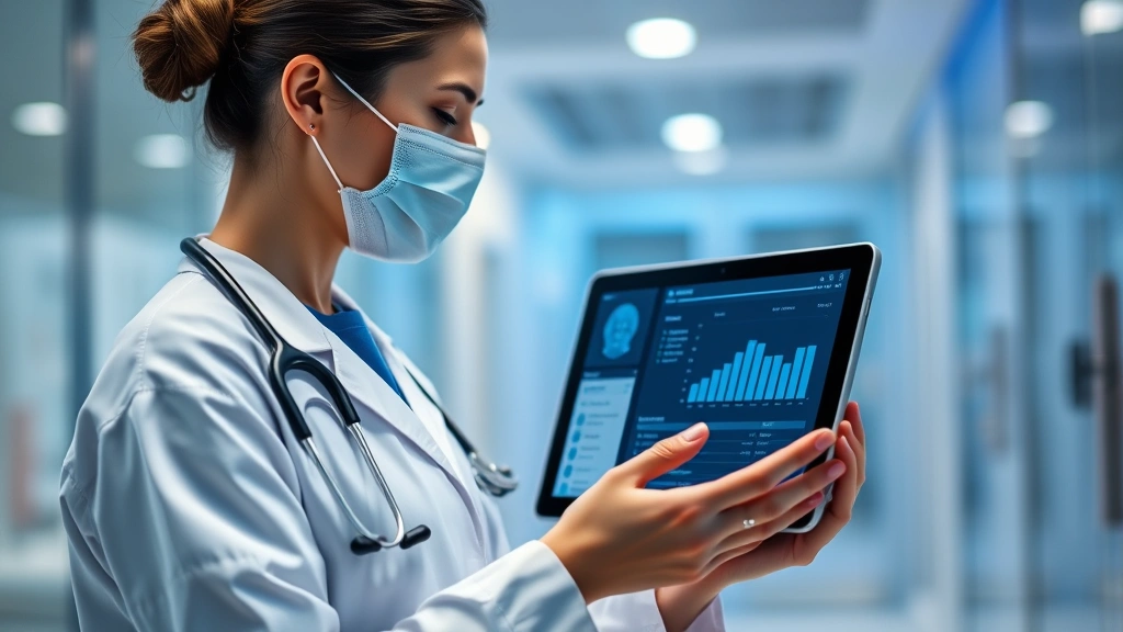Professional healthcare worker using tablet displaying patient dashboard in modern clinic with soft blue lighting and blurred background