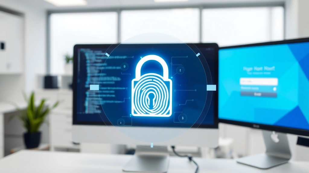 Secure digital padlock symbol with fingerprint overlay on computer monitor showing login interface in healthcare office setting