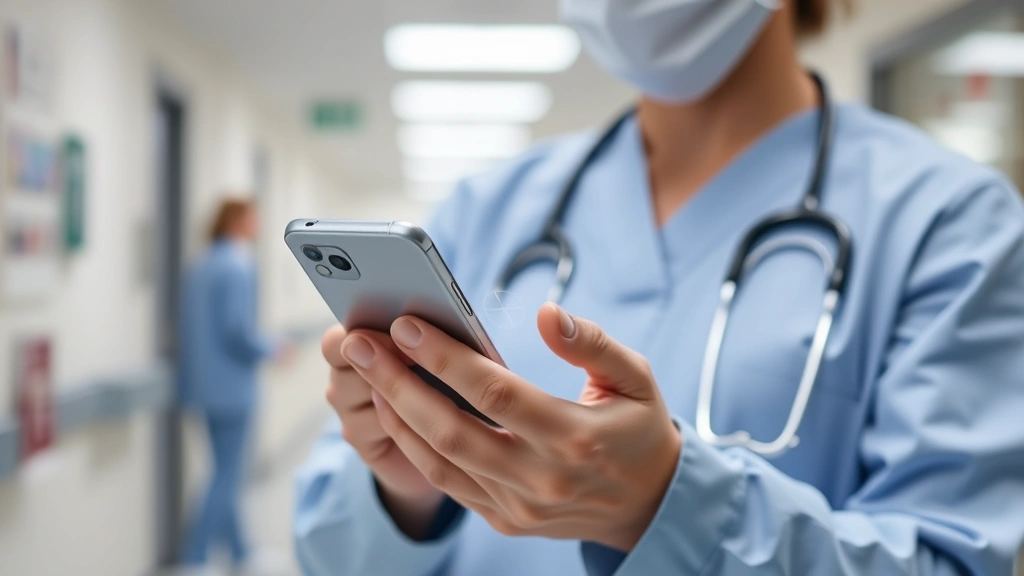 Healthcare professional entering multi-factor authentication code on mobile phone with hospital environment blurred in background