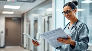 Professional healthcare worker in modern medical facility reviewing financial documents and investment portfolio on tablet, confident expression, clinical setting with soft lighting, natural window light