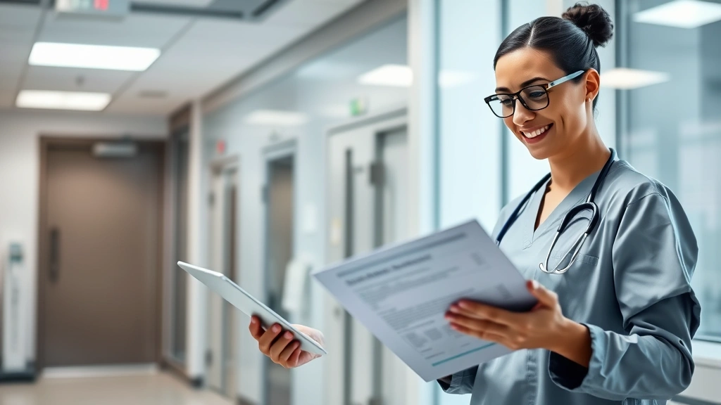 Professional healthcare worker in modern medical facility reviewing financial documents and investment portfolio on tablet, confident expression, clinical setting with soft lighting, natural window light