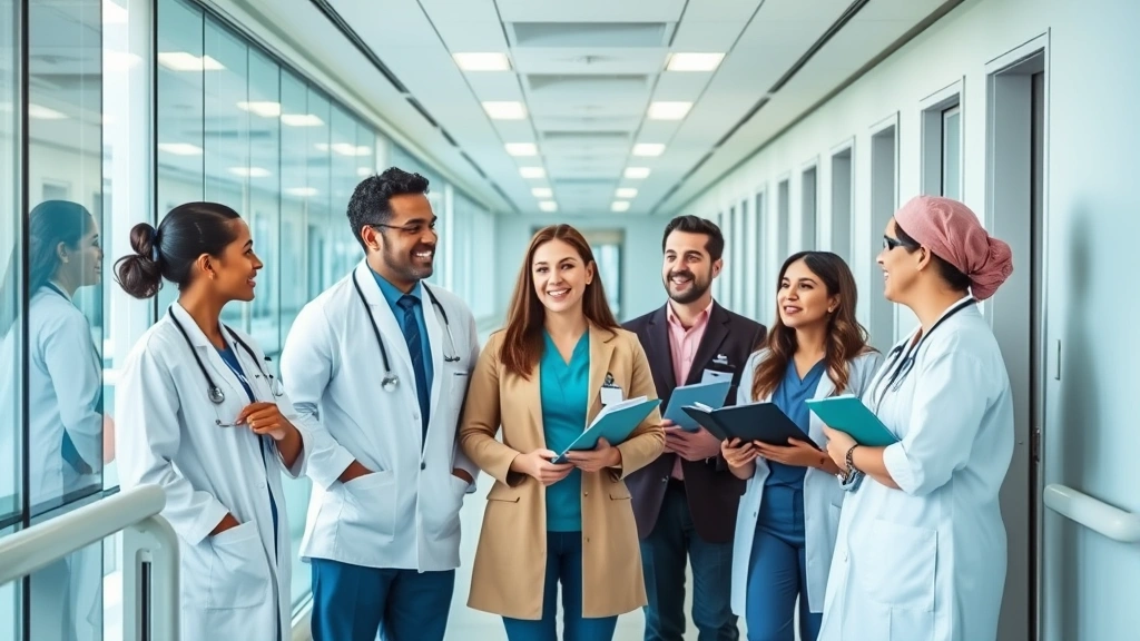 Diverse group of healthcare professionals in modern hospital corridor discussing career growth and financial planning, collaborative atmosphere, professional attire, modern healthcare facility interior