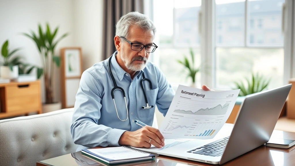 Healthcare professional at home office reviewing retirement planning documents and investment statements, laptop and financial charts visible, comfortable professional workspace, natural daylight