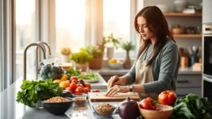 Professional woman in modern kitchen preparing colorful fresh vegetables and whole grains, sunlight streaming through windows, emphasizing nutrient-dense food preparation and healthy eating habits