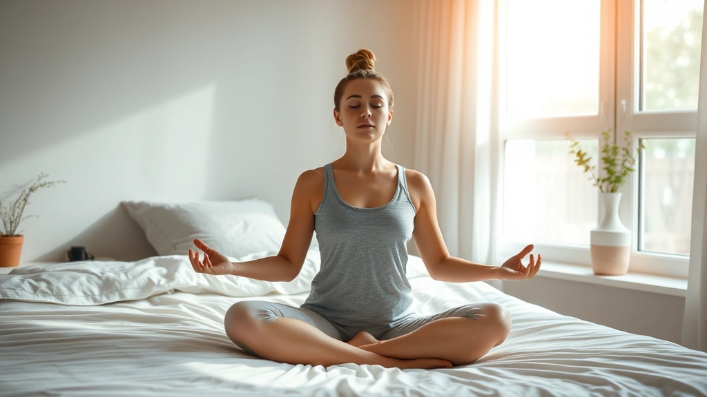 Person meditating peacefully in calm bedroom with natural light, comfortable bedding, and serene environment representing mental wellness, stress management, and quality sleep practices