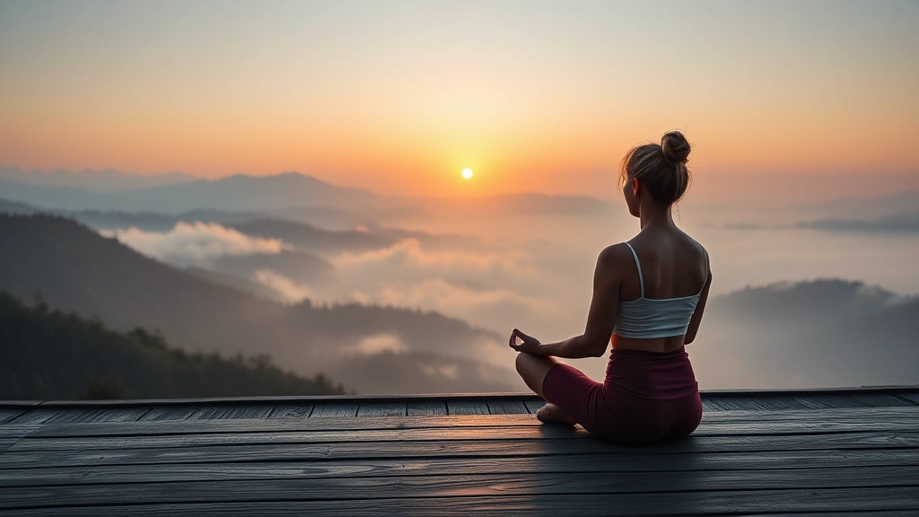 Woman sitting in peaceful meditation pose on wooden deck overlooking misty mountains at sunrise, serene natural light, calm expression, wellness lifestyle photography