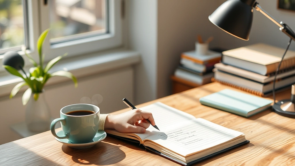 Individual journaling affirmations at desk with morning coffee, natural window light, mindfulness practice, personal growth and wellness documentation