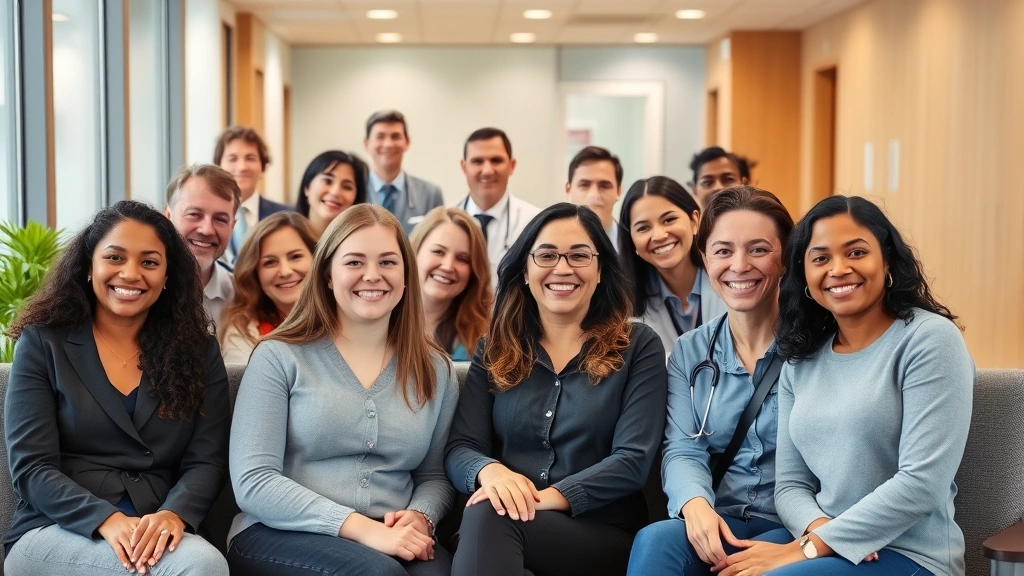 Diverse group of people in modern healthcare clinic waiting room, smiling faces, comfortable seating, bright clean environment, healthcare professionals in background