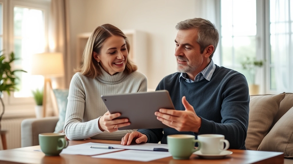 Man and woman discussing financial planning at home with tablet and documents, warm lighting, coffee cups on table, collaborative atmosphere, reviewing healthcare options